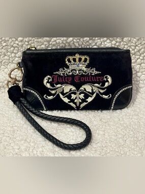 Custom Vintage Y2K Juicy Couture Black Embroidered/Rhinestone Wristlet